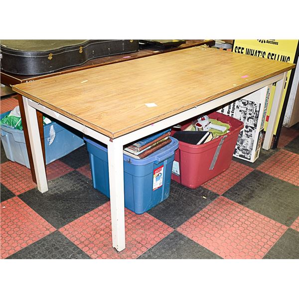 WOOD TONE TABLE W/ARBORITE TABLE & TABLE ON WHEELS