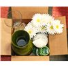 Image 1 : BOX OF DECOR W/ GREEN WOODEN VASE + MORE