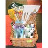 Image 1 : BASKET OF ART SUPPLIES - PAINTS & BRUSHES