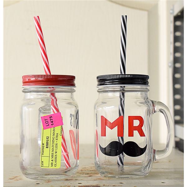 MR & MRS MATCHING MASON JAR GLASSES W/ LIDS + STRA