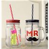 Image 1 : MR & MRS MATCHING MASON JAR GLASSES W/ LIDS + STRA