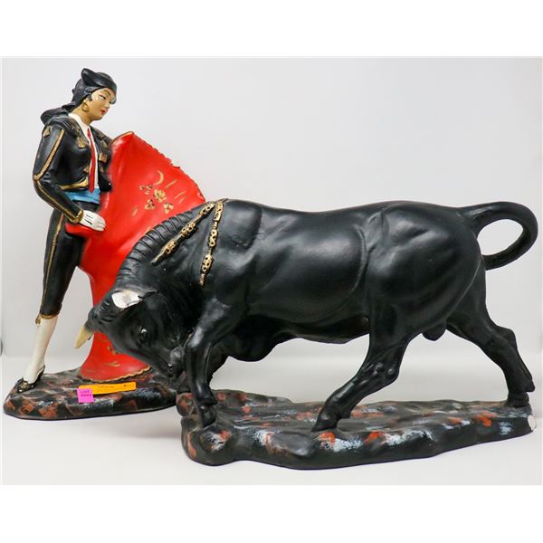 1950S BULL AND BULL FIGHTER STATUES CAST PAINTED