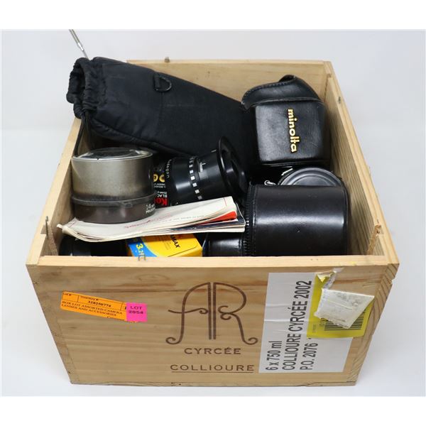 BOX LOT ASSORTED CAMERA LENSES AND ACCESSORIES