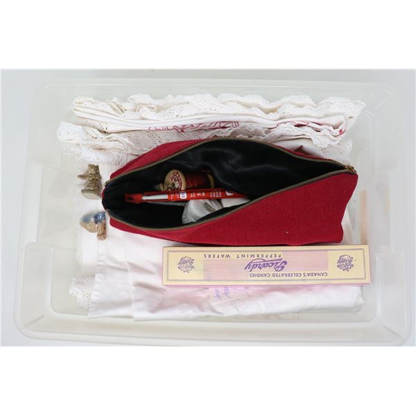 BIN OF ASSORTED VINTAGE LINENS BUTTONS MORE