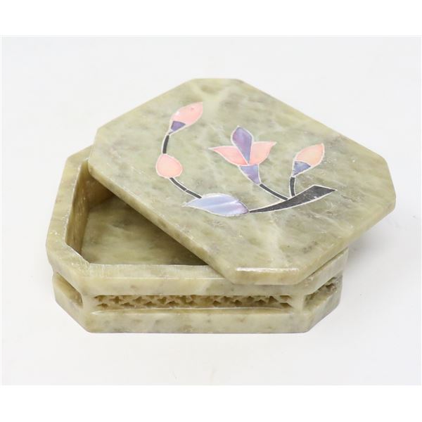 CARVED GREEN STONE KEEPSAKE BOX WITH FLORAL