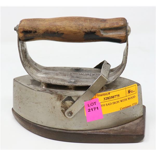 PATENT 1910 SAD IRON WITH WOOD HANDLE