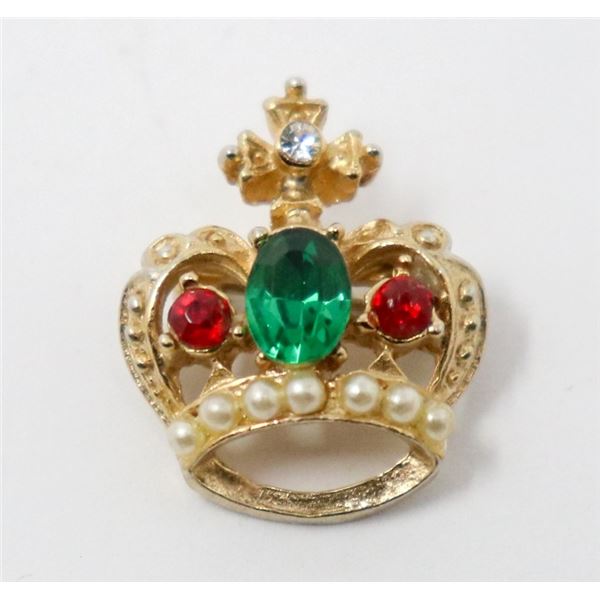 VINTAGE CROWN BROOCH WITH RED AND GREEN STONES