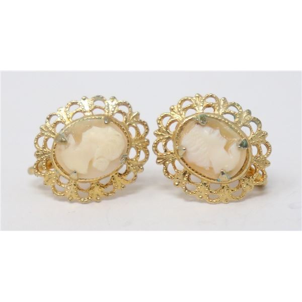 ANTIQUE GOLD TONE CAMEO FILIGREE EARRINGS