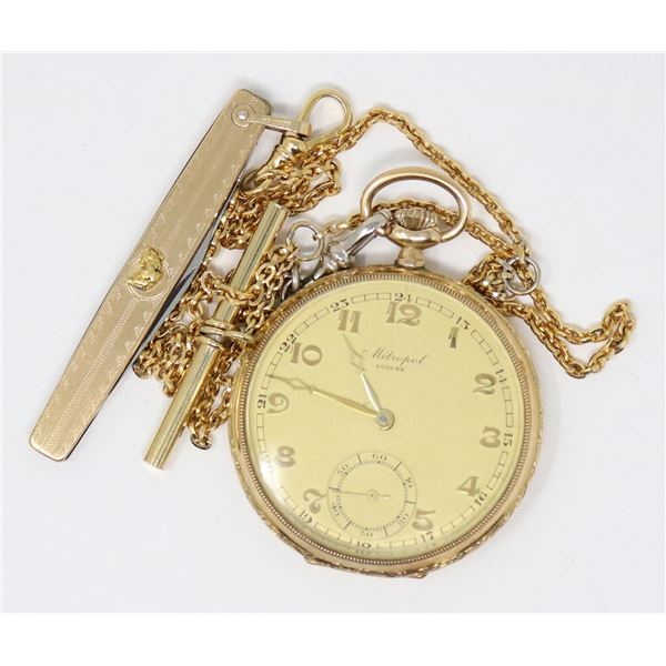 SOLID 14K GOLD POCKET WATCH WITH CHAIN AND