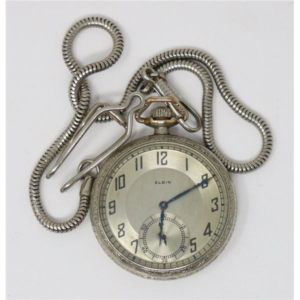 ANTIQUE ART DECO 15J  ELGIN SILVER TONE POCKET