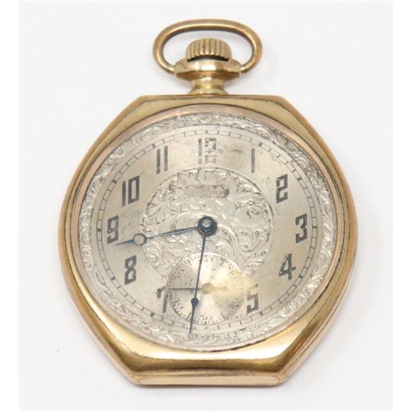 ANTIQUE 17J GOLD FILLED POCKET WATCH W/FANCY DIAL