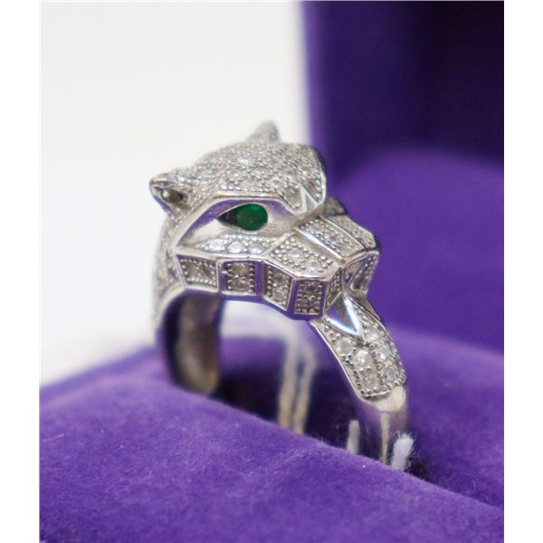 DESIGNER SILVER JAGUAR RING WITH DIAMONDS AND