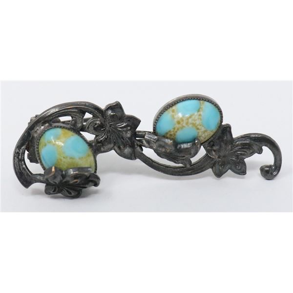 ANTIQUE BLUE STOBE AND SILVER TONE BROOCH