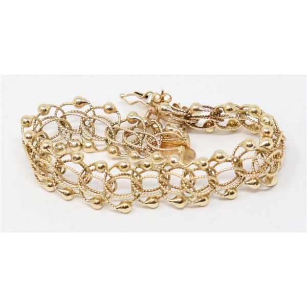 10K GOLD ORNATE DESIGN BAND BRACELET W/GOLD BEADS