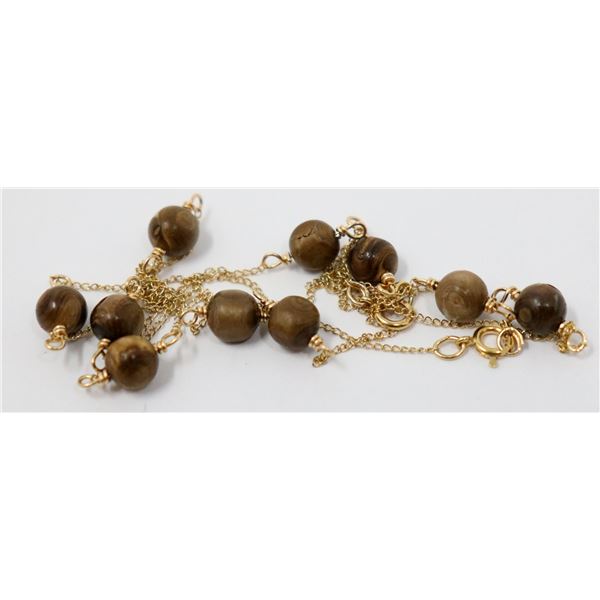 10K GOLD FINE CHAIN NECKLACE WITH BROWN BEADS