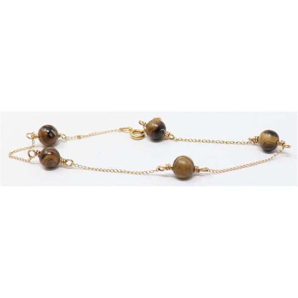 14K GOLD FINE LINK BRACELET WITH BROWN BEADS