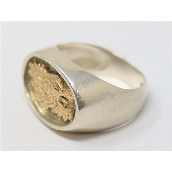 SILVER RING WITH 14K GOLD DRAGON INLAY