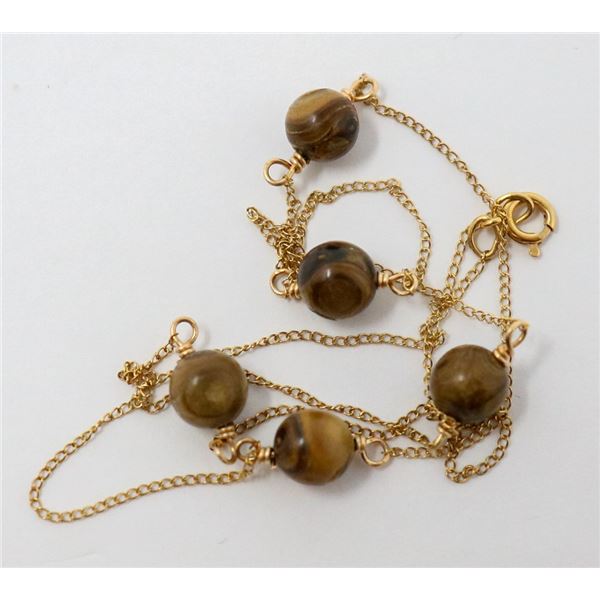 14K GOLD FINE LINK NECKLACE WITH BROWN BEADS