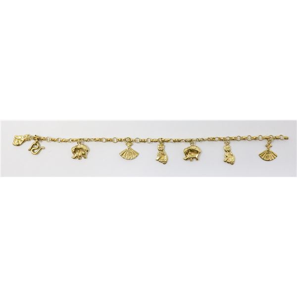 14K GOLD CHARM BRACELET W/7 CHARMS&SERPENTINE CLAS