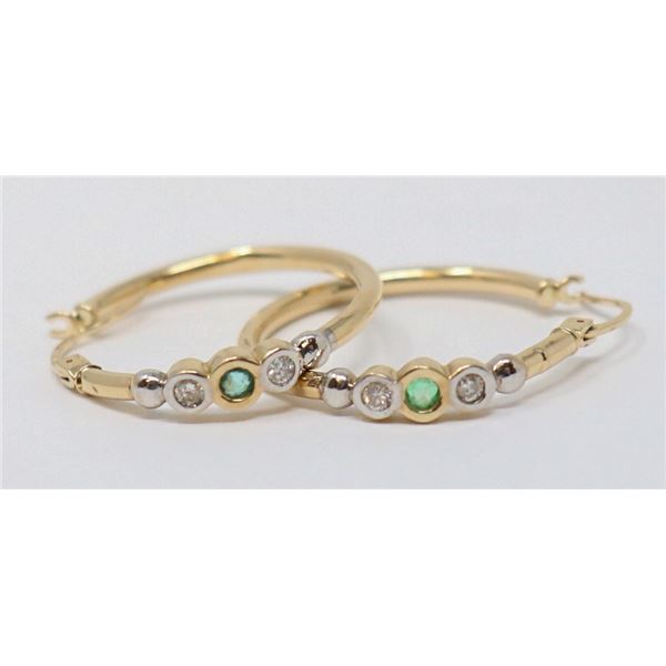 10K GOLD HOOP EARRINGS WITH GREEN AND CLEAR STONES