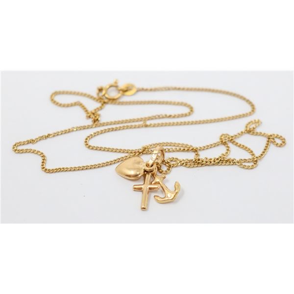18K GOLD NECKLACE WITH HEART, ANCHOR, CROSS PENDAN