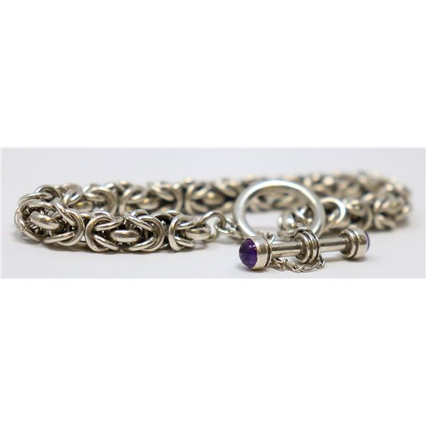 SILVER CHARM BRACELET WITH PURPLE STONES ON BAR