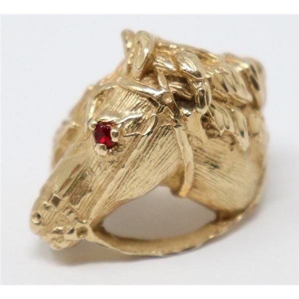 10K GOLD RING WITH HORSE HEAD, RED STONE