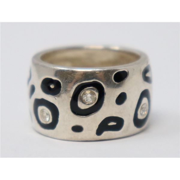 SILVER WIDE BAND RING WITH CLEAR STONES