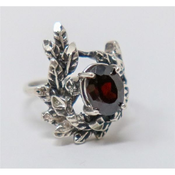 STERLING SILVER FANCY RING WITH DARK RED STONE