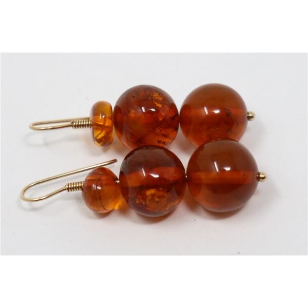 14K GOLD AMBER BEAD DROP EARRINGS W/SHEPHERD HOOK