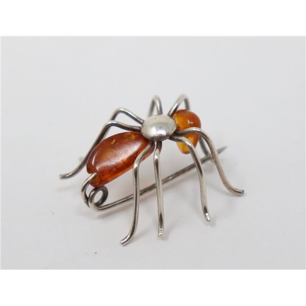 STERLING SILVER AMBER INSECT BROOCH