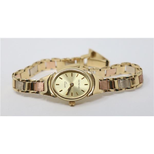 14K GOLD TRI-GOLD GENEVE QUARTZ LADIES WATCH ITALY