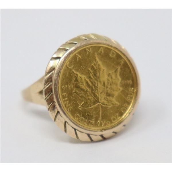 14K GOLD RING W/24K CANADIAN MAPLE LEAF GOLD COIN