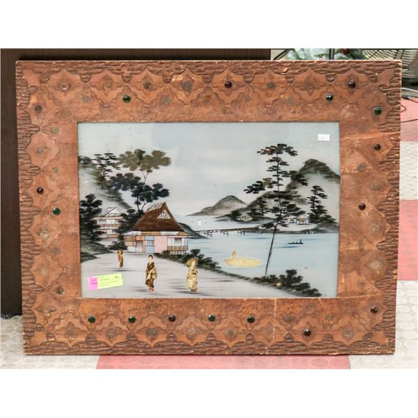 ANTIQUE ASIAN GLASS PAINTED PICTURE W/CARVED