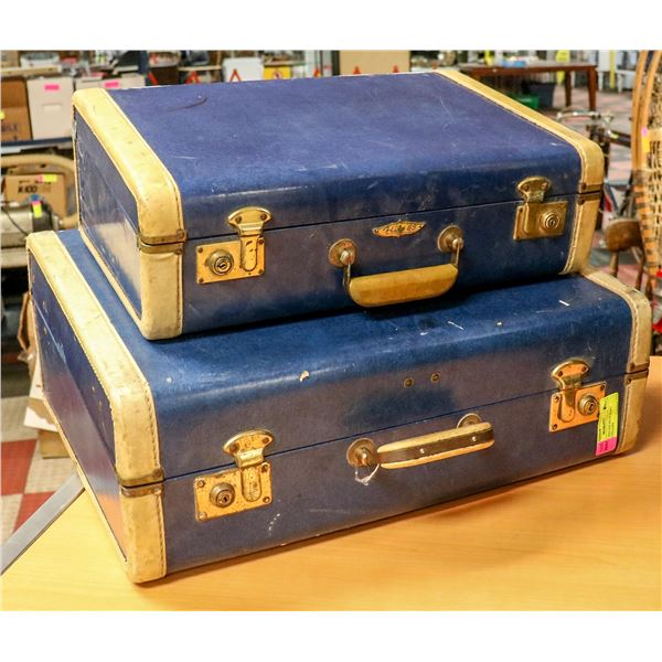 PAIR OF VINTAGE BLUE HARD SHELL SUITCASES