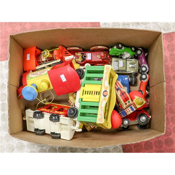 BOX OF ASSORTED VINTAGE TOYS AND TONIA VEHICLES
