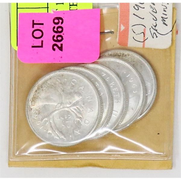 5 MINT 1963 SILVER CANADIAN QUARTERS