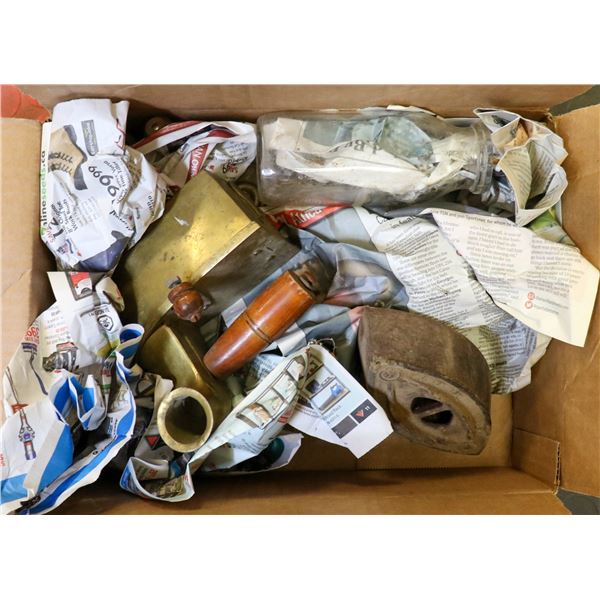 BOX OF ASSORTED VINTAGE COLLECTIBLES  WITH IRON