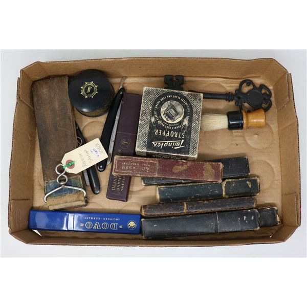 BOX OF ASSORTED SHAVING ACCESSORIES W 2 RAZORS