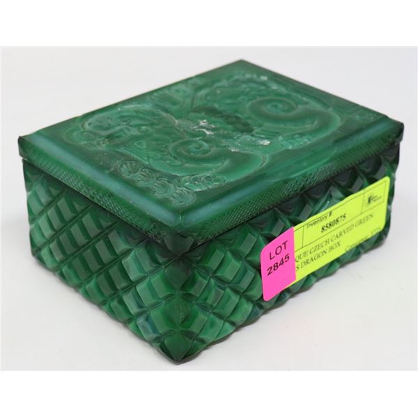 ANTIQUE CZECH CARVED GREEN GLASS DRAGON BOX