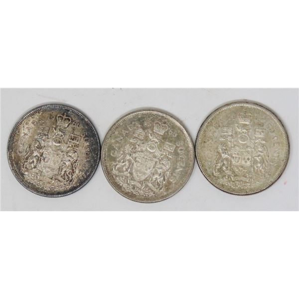 LOT OF THREE SILVER CANADIAN 50 CENT PIECES