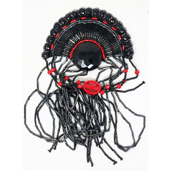 ART DECO BEADED FANCY DRESS BROOCH BLACK AND RED