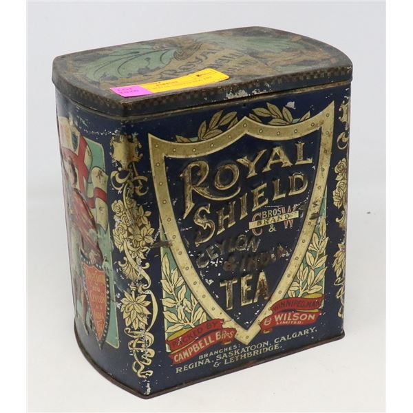 ANTIQUE ROYAL SHIELD TEA TIN BLUE