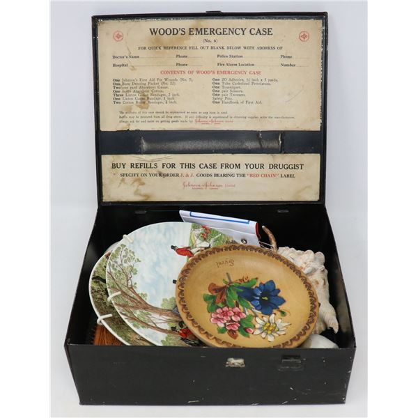 ANTIQUE FIRST AID KIT BOX WITH COLLECTIBLES