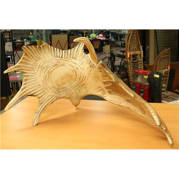 INDIGENOUS CARVED MOOSE HORN W EAGLE&BEAR SIGNED