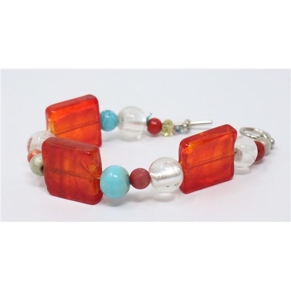 MURANO GLASS BRACELET, RED SQUARE BEADS AND