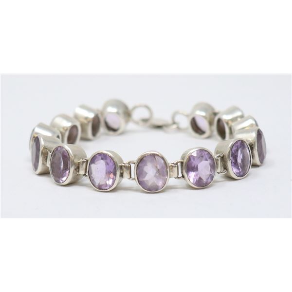 SILVER BRACELET WITH VIOLET STONES, 7.75"