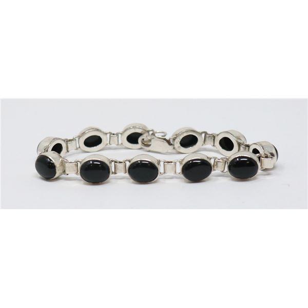 SILVER BRACELET WITH BLACK STONES,  7.5"