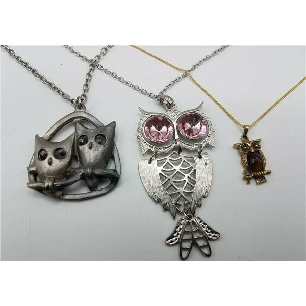 ESTATE OWL NECKLACE LOT OF 3 GOLD & SILVER TONE