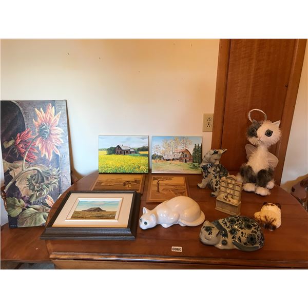 Assorted Pictures & Cat Statues